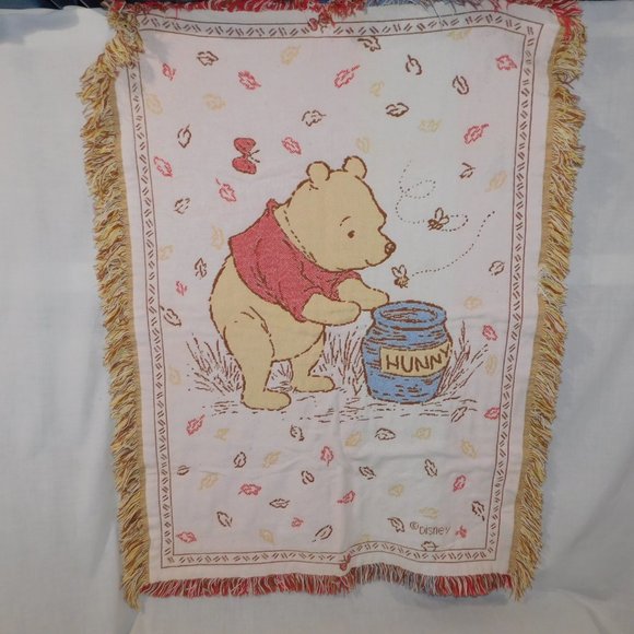 VTG Disney Winnie the Pooh Woven Tapestry Throw Blanket Fringed Fall  30" x 43 - Picture 3 of 7